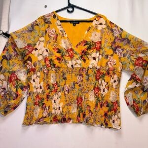 INC Floral Yellow Women's Top deep v neck